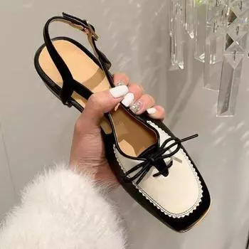 2024 Новые туфли-лодочки в стиле феи с бантом, на низком каблуке, с квадратным носком и неглубоким вырезом, на толстом каблуке, из мягкой кожи, для девочек 35 чёрный