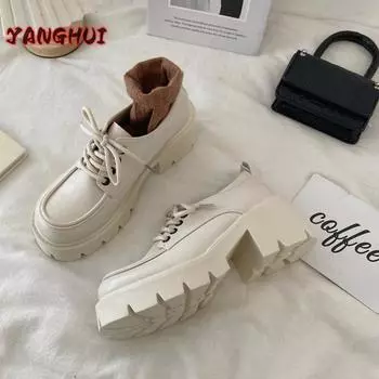 2024 Новые Туфли Лолита Униформа Маленькие Кожаные Туфли Женские Толстые Подошвы Шнуровка Английские Повседневные Туфли Для Колледжа Zapatillas De Mujer Moda 35 бежевый