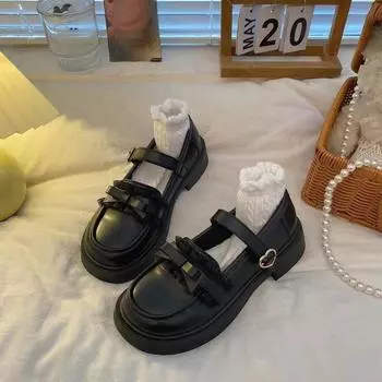 2024 Новые Туфли Лолита Женские Повседневные Мягкие Кожаные Лоферы На Квадратном Каблуке Уличные Женские Туфли Мэри Джейн С Пряжкой В Сердце Толстая Подошва 35 чёрный