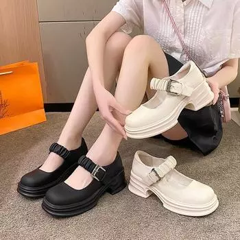 2024 Новые Туфли Лолита Женские Туфли На Плоской Платформе С Круглым Носком Туфли Мэри Джейн Из Натуральной Кожи Толстая Подошва Женские Одиночные Туфли 35 бежевый
