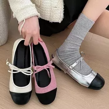 2024 Новые туфли Мэри Джейн для женщин, балетки, модные элегантные туфли с пряжкой-бантом, женские туфли на плоской подошве, лоферы 35 бежевый
