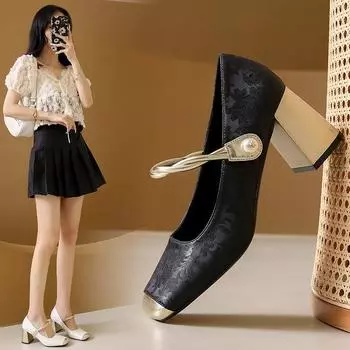 2024 Новые туфли Мэри Джейн для женщин с ретро-принтом, толстые высокие каблуки, квадратный нос, неглубокие жемчужины, пряжка, ремешок, туфли-лодочки Zapatos 34 бежевый