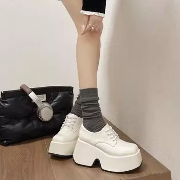 2024 Новые туфли Мэри Джейн на толстой подошве в британском стиле со шнуровкой, маленькие кожаные туфли на толстой подошве с высоким каблуком, женские туфли-лодочки Zapatos 35 чёрный