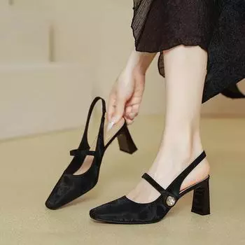 2024 Новые туфли Мэри Джейн на высоком толстом каблуке для женщин с квадратным носком и двумя пряжками, женские босоножки с открытой пяткой Zapatos De Mujer 34 чёрный