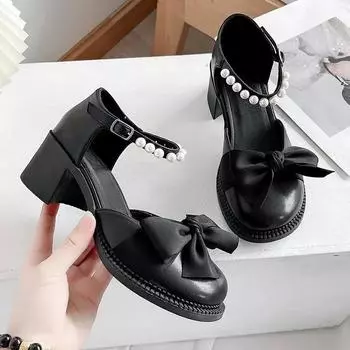2024 Новые туфли Мэри Джейн с бантом на толстой подошве с круглым носком, повседневные туфли на высоком каблуке, милые последние модные туфли в стиле Лолиты для активного отдыха, удобные, жемчужные 35 покинуть белый