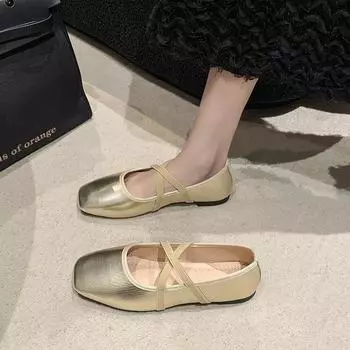 2024 Новые Туфли Мэри Джейн с квадратным носком и темпераментом, женские туфли на плоской подошве, корейская версия, модные, с неглубоким горлом 36 золотой