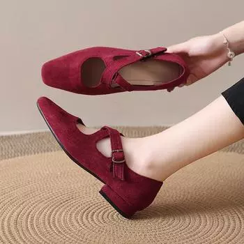 2024 Новые туфли Мэри Джейн с перекрестными ремешками и квадратным носком, балетки Bailamos, неглубокие, без застежек, женские повседневные замшевые туфли с пряжкой на ремне 34 чёрный