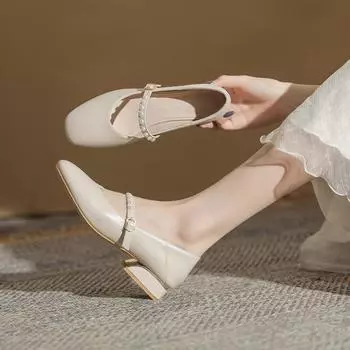 2024 Новые туфли Мэри Джейн с жемчугом, модные повседневные туфли в стиле ретро, простые универсальные туфли с квадратным носком, однотонные туфли для женщин 34 абрикосовый