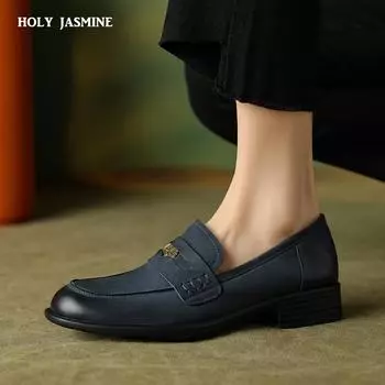 2024 Новые туфли на низком каблуке в стиле ретро для женщин, туфли-лодочки из натуральной кожи с круглым носком, офисные женские рабочие лаконичные туфли, женские мокасины, весна-лето 35 синий