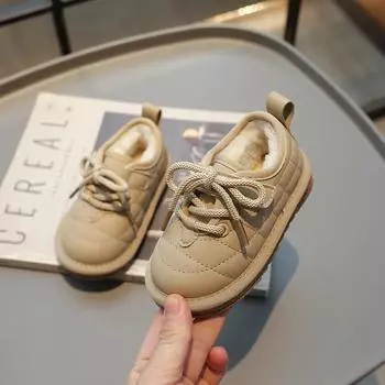 2024 Новые туфли на плоской подошве для девочек, модная детская повседневная обувь, однотонные детские мокасины на платформе, теплая хлопковая обувь, мягкая дышащая, симпатичная, из искусственной кожи 21 бежевый
