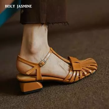 2024 Новые туфли на толстом среднем каблуке в римском стиле с пряжкой на ремешке из натуральной кожи, женские туфли, кожаные сандалии-гладиаторы 34 оранжевый