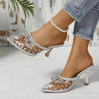 2024 новые туфли на высоком каблуке со стразами и бантом, блестки, заостренные полые ремешки, босоножки, женские туфли со стразами 35 серебряный