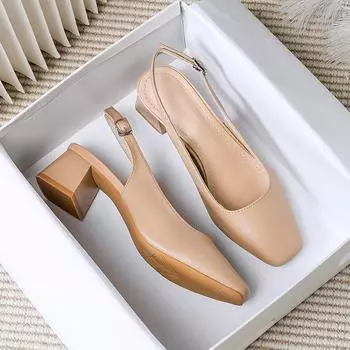 2024 Новые туфли на высоком каблуке средней толщины, женские туфли, французские сандалии Baotou, женские летние, с неглубоким носком, большие размеры 35 абрикосовый