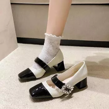 2024 Новые туфли с квадратным ромбом женские туфли на высоком каблуке Мэри Джейн женские элегантные туфли с квадратным носком толстая подошва вечерние неглубокий носок 35 бежевый