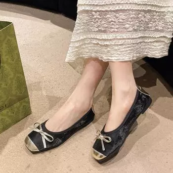 2024 новые туфли в национальном стиле в стиле ретро с бантом и квадратной головкой, с неглубоким горлом, женские туфли с мягкой подошвой, балетки большого размера на плоской подошве 35 зелёный