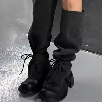 2024 Новые удобные и свободные женские прямые сапоги со шнуровкой спереди, высокие сапоги из парусины, уличные модные женские сапоги до колена 35 чёрный