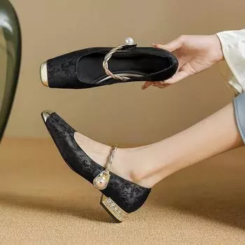 2024 Новые удобные женские туфли-одиночки с квадратным носком и толстым каблуком, пряжкой, подходящие по цвету, без застежек, универсальные, весна и осень 33 зелёный