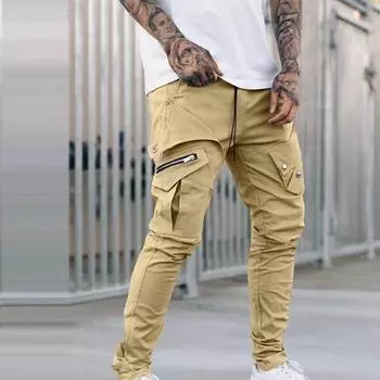 2024 Новые уличные мужские повседневные свободные большие прямые спортивные брюки-карго с несколькими сумками M чёрный