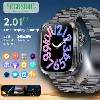 2024 Новые умные часы для мужчин и женщин с 2,01-дюймовым экраном 240*296 HD, функцией измерения сердечного ритма и звонками по Bluetooth, водонепроницаемые умные часы для фитнеса на Android IOS