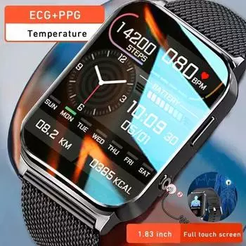 2024 Новые умные часы для здоровья ЭКГ ВСР, мужские экраны, артериальное давление, кислород, температура тела, умные часы 60+ циферблатов для Android IOS silicone чёрный