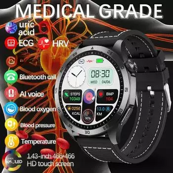 2024 Новые умные часы Кровь Липиды Мочевая кислота ЭКГ+ППГ Температура тела Bluetooth Звонок Здоровье Умные часы Silicone strap чёрный