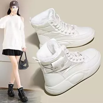 2024 Новые универсальные повседневные теплые высокие студенческие хлопковые туфли на толстой подошве, зимние плюшевые утолщенные нескользящие зимние ботинки для женщин 35 чёрный