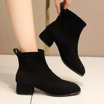 2024 Новые универсальные женские ботинки с мыском, однотонные ботинки телесного цвета, толстый каблук, удобная молния, женские ботинки на весну и осень 35 чёрный