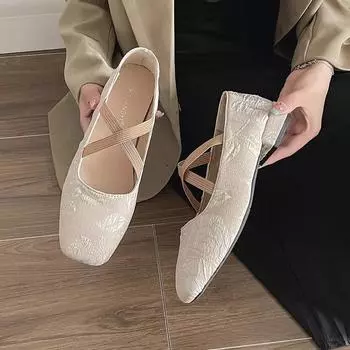 2024 Новые Весна Лето Плоские Печати Балетки Женские Туфли Ретро Атласные Туфли Мэри Джейн Балетки Женские Zapatos Mujer 35 хаки