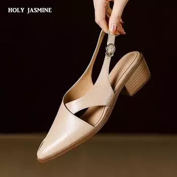 2024 Новые Весна Лето Толстые Каблуки Женские Босоножки Модные Полые Туфли Слингбэк Натуральная Кожа Офисная Женская Рабочая Обувь Женщин 34 хаки