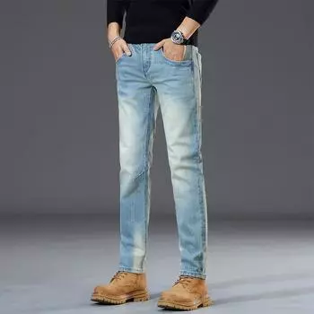 2024 Новые весенние и осенние мужские джинсы в стиле ретро, облегающие, маленькие, прямые, эластичные, длинные брюки 28 светло-синий