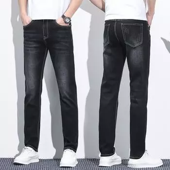 2024 Новые весенние и осенние мужские джинсы высокого класса, облегающие, прямые, эластичные, светлые, повседневные, длинные брюки 28 чёрный