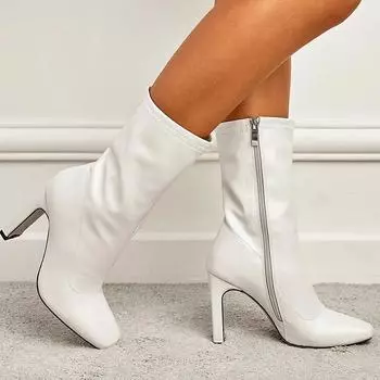 2024 Новые весенние и осенние сапоги на высоком каблуке из искусственной кожи, однотонные, модные, с молнией, женские полусапоги, повседневные прогулочные ботинки 35 чёрный