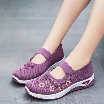 2024 Новые весенние и осенние сетчатые женские туфли-одиночки на плоской подошве с дышащим принтом и круглым носком, женская обувь с неглубоким вырезом 36