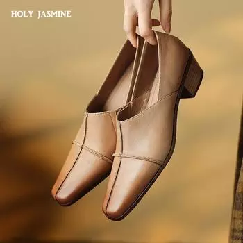 2024 Новые весенние/осенние женские туфли-лодочки из натуральной кожи для женщин, женские туфли с квадратным носком и толстым каблуком, элегантные туфли на среднем каблуке 34 коричневый