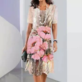 2024 Новые весенние женские платья с цветочным принтом Элегантные повседневные платья с коротким рукавом Модные женские платья больших размеров S