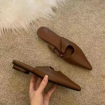 2024 Новые весенние женские тапочки, сандалии с острым носком, тапочки на плоской подошве, повседневные, универсальные, сексуальные, однотонные, женские мюли, шлепанцы 35 абрикосовый