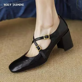 2024 Новые весенние женские туфли-лодочки на квадратном каблуке с пряжкой на ремешке из натуральной кожи, офисные женские туфли в стиле ретро с квадратным носком, черные туфли Мэри Джейн 34 чёрный