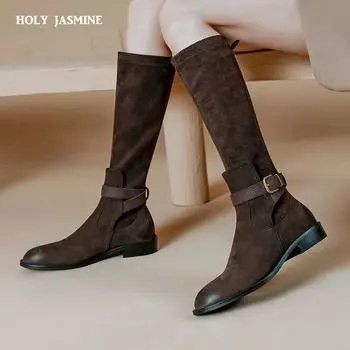 2024 Новые винтажные женские сапоги до колена из коровьей замши на толстом каблуке для офиса и работы, женская обувь осень-зима в стиле ретро 34 чёрный