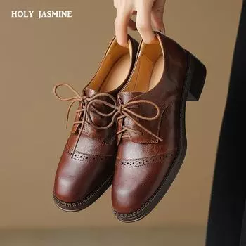 2024 Новые винтажные женские туфли-лодочки весна-лето с круглым носком на толстом каблуке для зрелых женщин из натуральной кожи со шнуровкой для офиса 34 чёрный