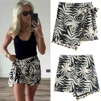 2024 Новые винтажные женские юбки с высокой талией и молнией сзади, женская мода с бисерным принтом и мини-юбкой с запахом S