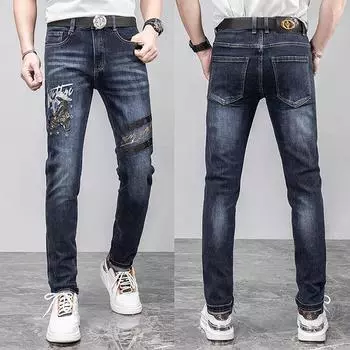 2024 Новые высококачественные джинсы с вышивкой бисером, облегающие и эластичные, маленькие прямые повседневные мужские джинсы 28