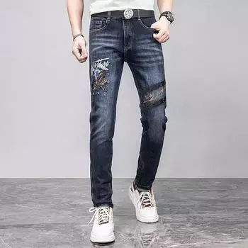2024 Новые высококачественные джинсы с вышивкой бисером, облегающие и эластичные, маленькие прямые повседневные мужские джинсы 28