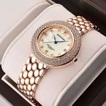 2024 Новые высококачественные модные водонепроницаемые женские часы со стразами и синим указателем, часы с бриллиантовым браслетом, кварцевые женские часы из нержавеющей стали розового золота