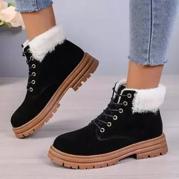 2024 Новые высококачественные туфли женские на шнуровке женские ботинки зимние круглые носки флок плюшевые теплые повседневные голые ботинки на среднем каблуке 36 хаки