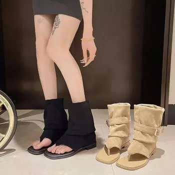 2024 Новые замшевые плиссированные классные сапоги с елочкой на носке, ковбойские сапоги в стиле вестерн, пикантные женские брюки, длинные сапоги, сандалии для женщин 35 абрикосовый