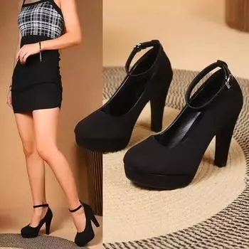 2024 Новые замшевые женские туфли на французском толстом каблуке, водонепроницаемая платформа, толстая подошва, пряжка, большой размер, элегантные туфли на высоком каблуке для женщин 35 чёрный