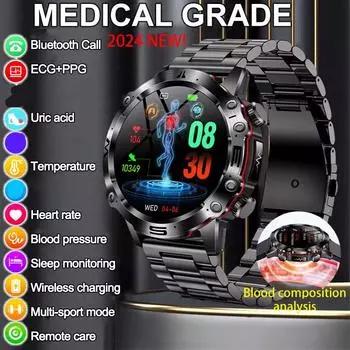 2024 Новые здоровые умные часы для мужчин с мочевой кислотой ЭКГ+ППГ фитнес-трекер часы Bluetooth вызов спортивные умные часы Silicone band чёрный