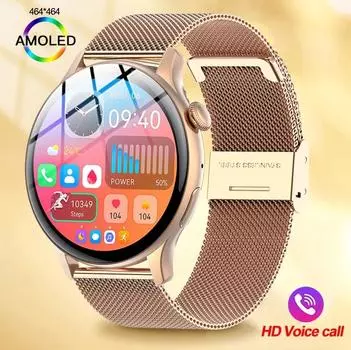 2024 Новые женские 466*466 AMOLED 1,43 Экран NFC Сердечный ритм Кислород в крови Bluetooth Вызов IP68 Водонепроницаемые умные часы Silicone band золотой