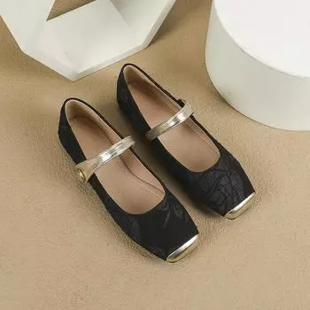 2024 Новые женские балетки на плоской подошве размера 44 Летние атласные туфли Мэри Джейн с квадратным носком в стиле ретро Весна/Осень Женские одинарные туфли 35 чёрный