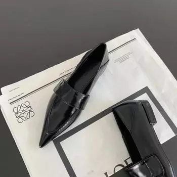 2024 Новые женские балетки с острым носком, туфли-лодочки, повседневные лоферы, весна-осень, однотонные мокасины на толстом низком каблуке 35 чёрный